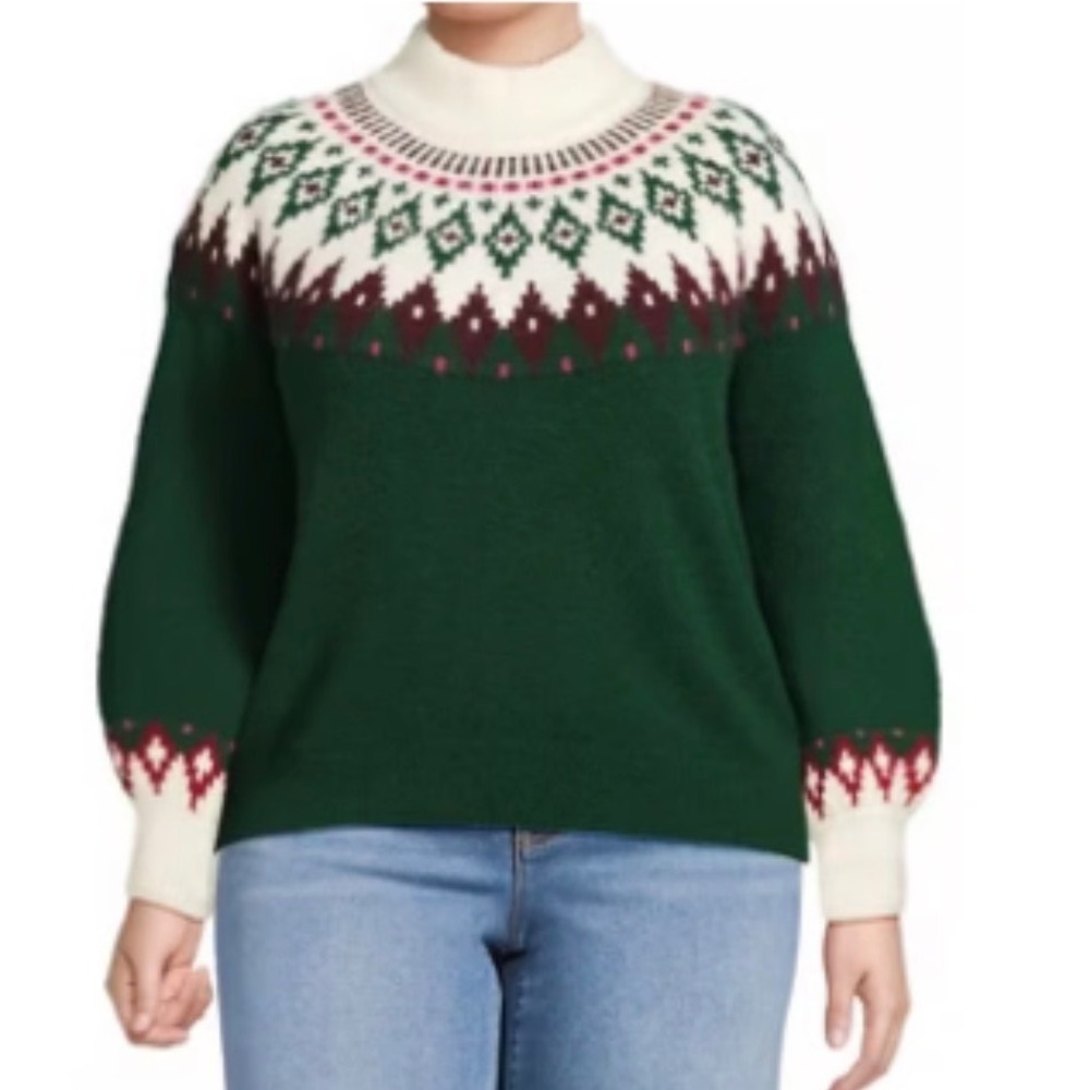 Lands' End Fair Isle Sweater Green Mock Neck Nordic Ski Lodge Women's 3X Cabin